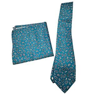 Geoffrey Beene Men's Green Paisley Print 100% Silk Neck Tie & Handkerchief